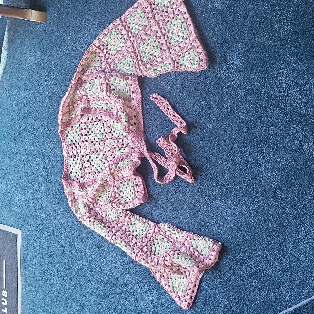 Mi Ami Pink and Green Crochet Wrap Sweater (S/M)
